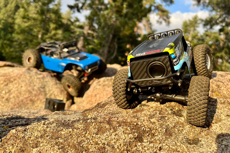 The Single mounted on the roll cage of a blue and green comp crawler, with a second crawler alongside on the rock. 1/24 and 1/18 scale.