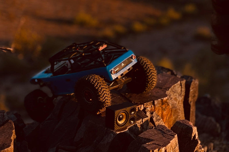 The Overkill and a blue RC crawler on rock in low evening light. 1/10 scale RC speaker.