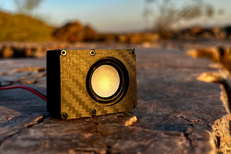 The Micro Single in a gold carbon-look shell, one 23 mm driver, angled on desert rock at sunset. 1/24 and 1/18 scale RC speaker.